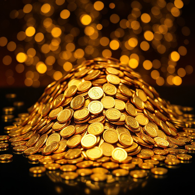 Pile of gold coins and cash from a big online lottery win in Singapore
