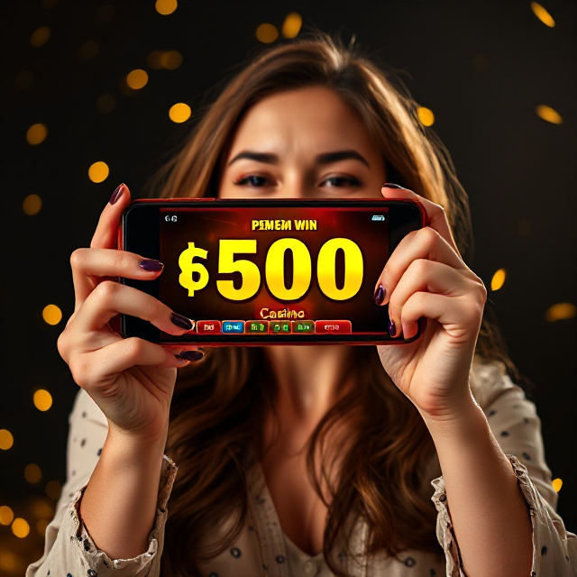 Player holding a smartphone after a big online casino win on M8BET