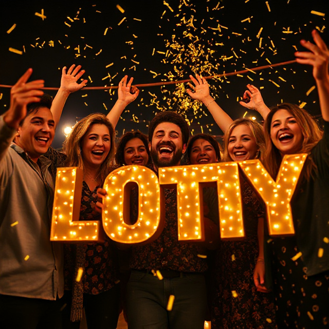 Friends celebrating a lottery jackpot win in Southeast Asia with golden sparkles