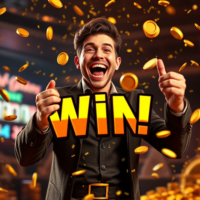Player celebrating a big online slot win with golden coins and confetti at M8BET