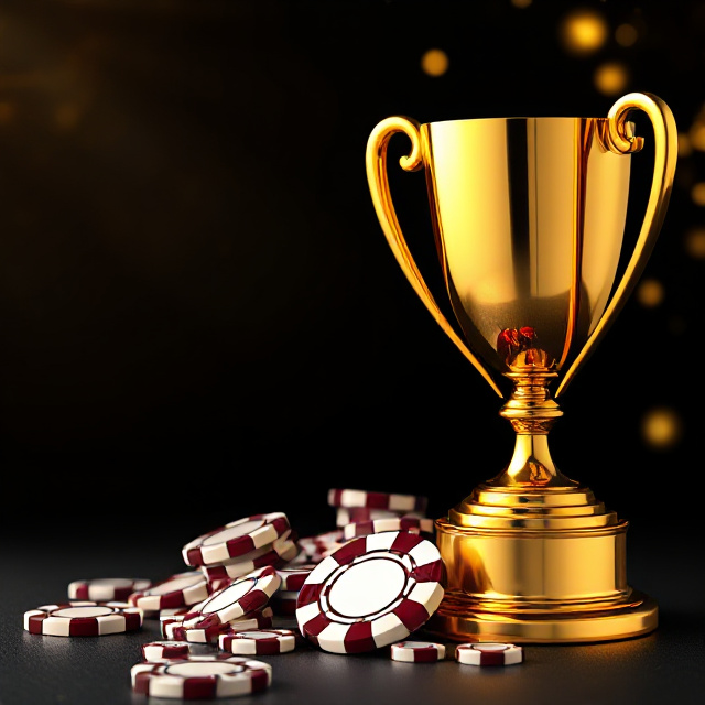 Golden trophy and casino chips celebrating a jackpot win on M8BET slots